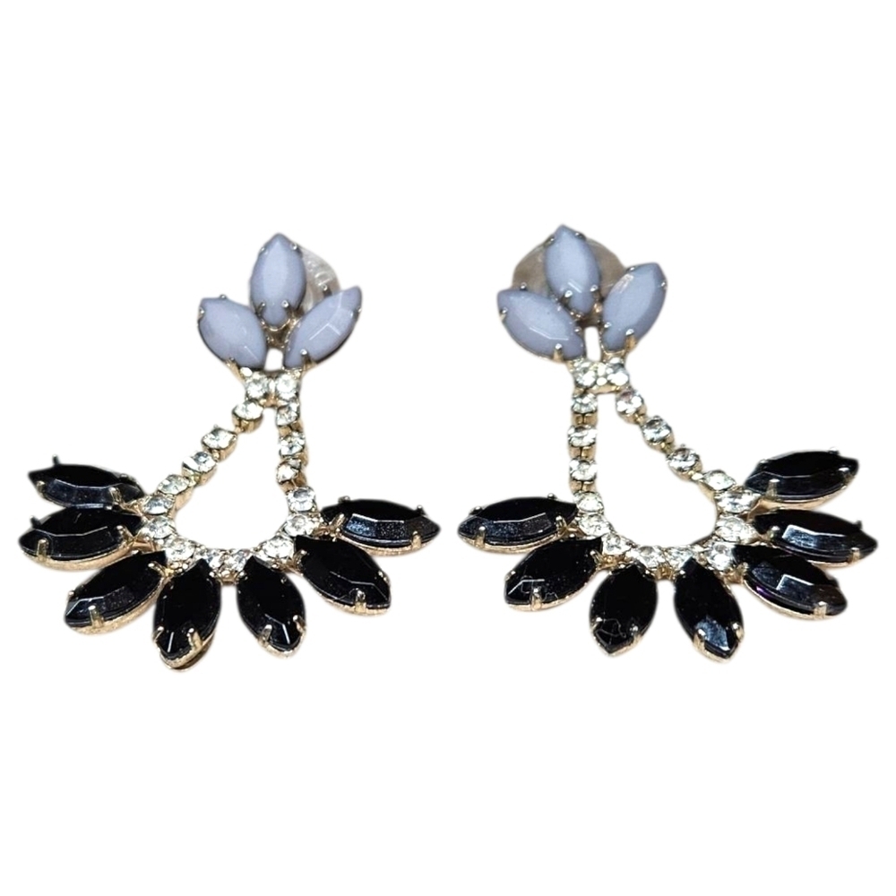 Premiere Designs Statement Earrings Black & White Rhinestone Fan Drop Gold Tone